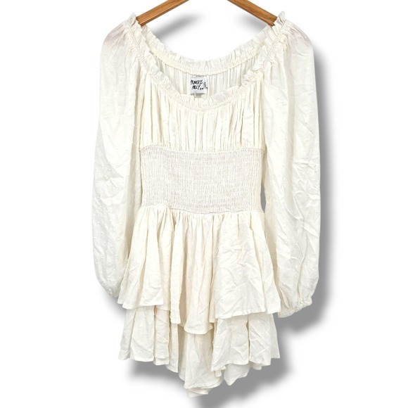 Princess Polly White Lightweight Mini Romper Smocked Ruffle Long Sleeve‎ Size 4 - Picture 1 of 9